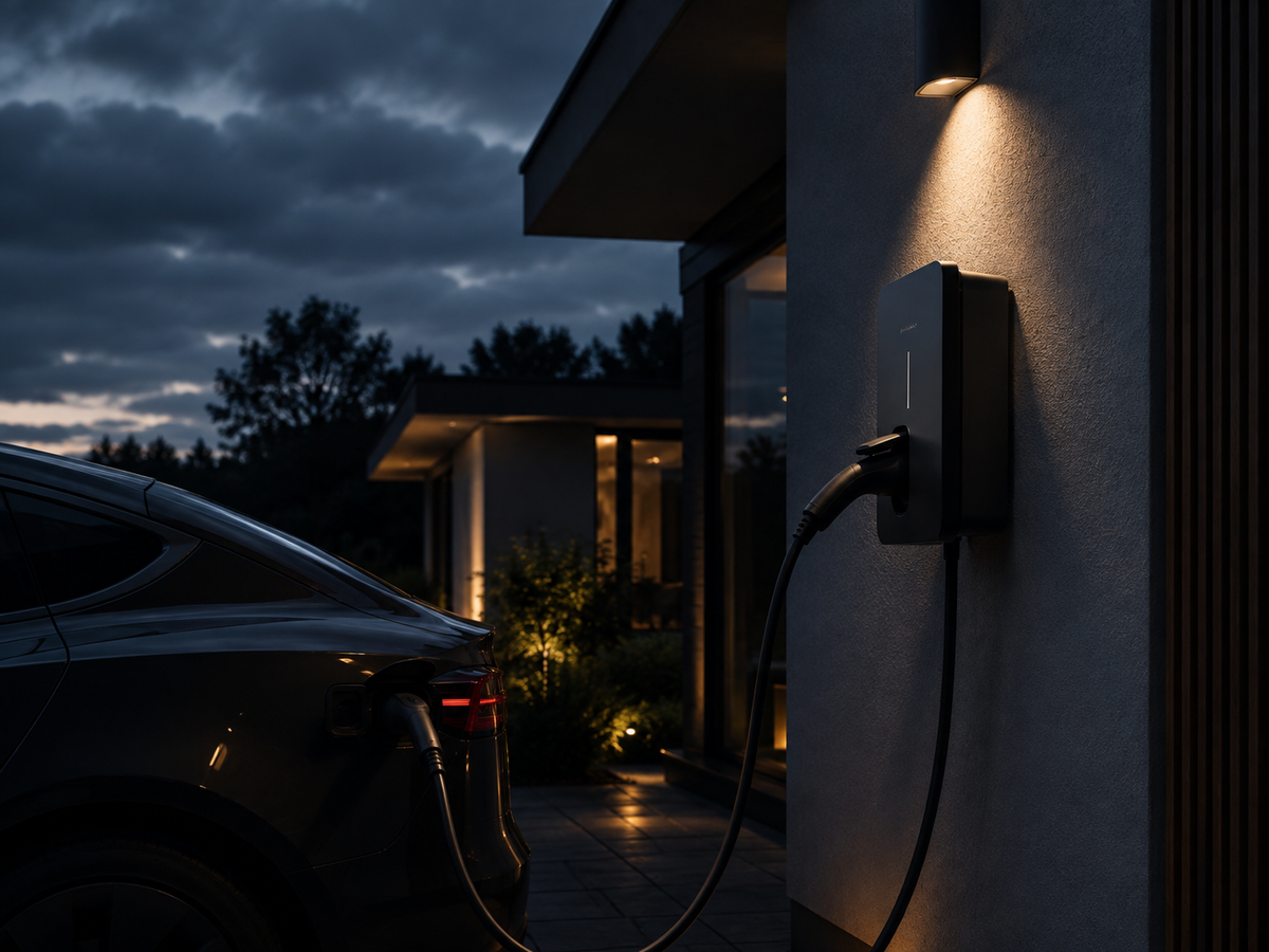 Wallbox mit angeschlossenem Elektroauto vor einem modernen Wohnhaus